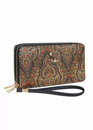 Rebecca & Rifka Paisley Print Medallion Double Zip Wristlet Wallet — TAN/MULTI
