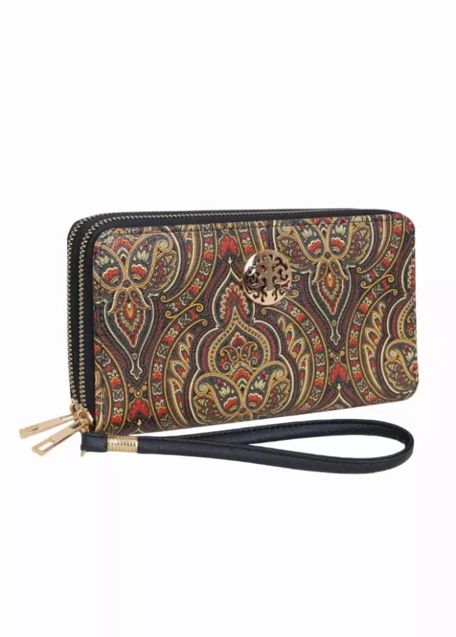 Rebecca & Rifka Paisley Print Medallion Double Zip Wristlet Wallet — TAN/MULTI