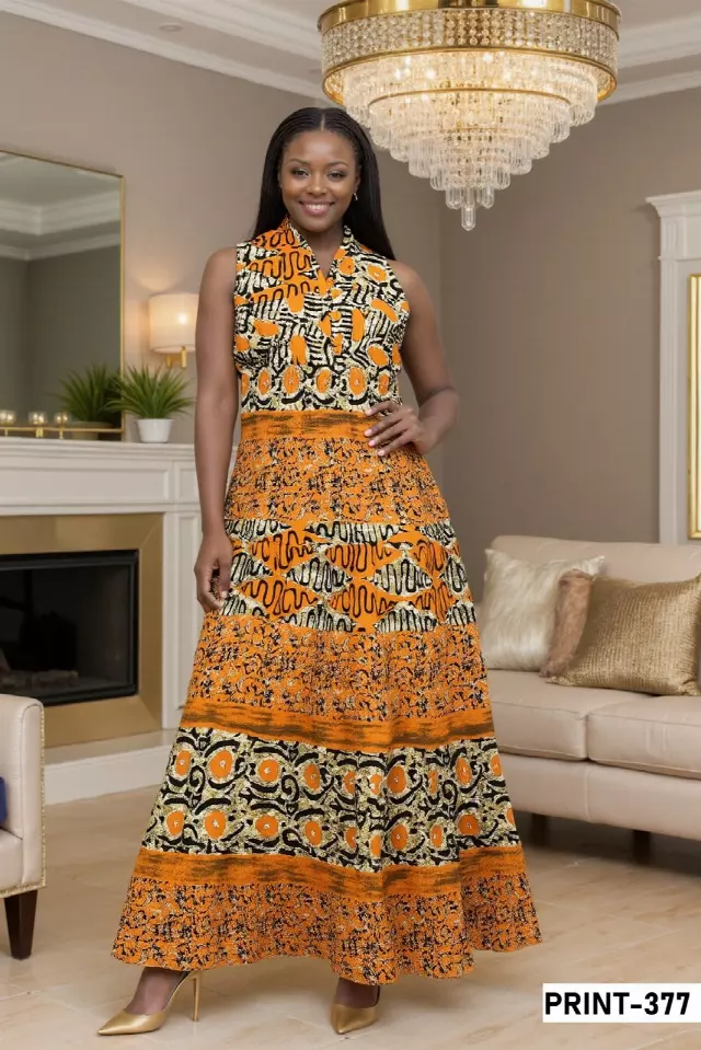 5005 - NEW PRINT ALERT!!! Three Button Authentic African Long Dress (3 PCS PRE-PACK) - $20.00 EACH — One Size (4 - 24) / Print-377