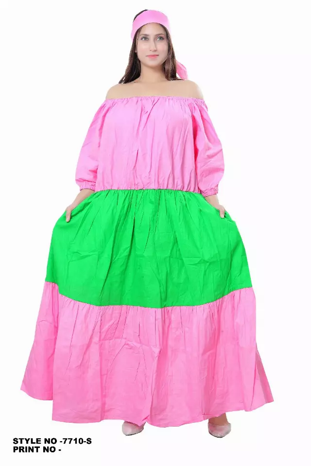 7710 - KillerSALE!!! - Three Tiered Off Shoulder Elastic Waist Dress (3/pk) - Free Size - $10 Each — AKA Pink/Green