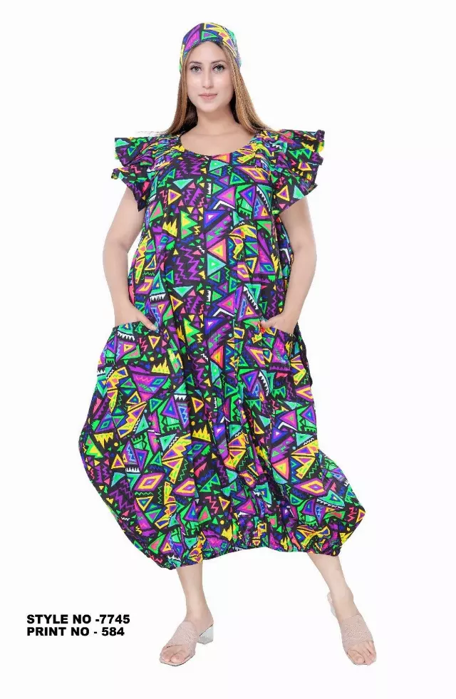 7745- Ankara Dress with Pleated Sleeve - $25.00 Each — Free Size / Print-584