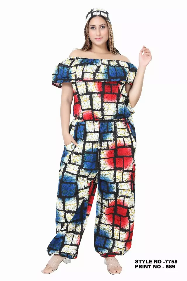 7758- Off Shoulder African Wax Jumpsuit (3 PCS PRE-PACK) - $20 Each — One Size (4 - 26) / Print-589