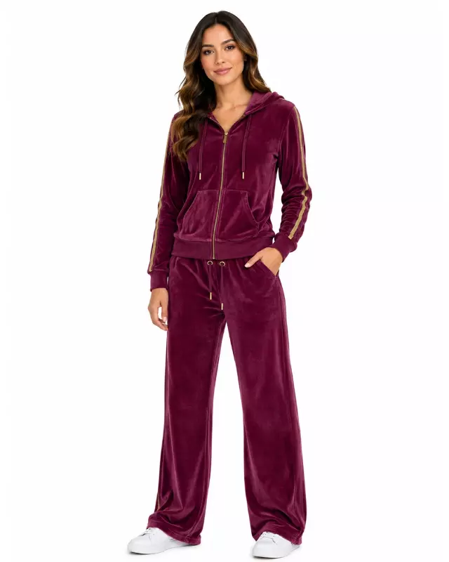 Women’s Velour Zip Hoodie & Wide-Leg Pant Set #08 — Burgundy / S-M-L