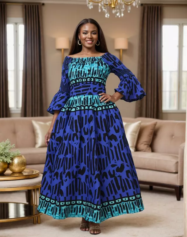 7556 -NEW PRINTS ALERT!!!! Off Shoulder Maxi Dress in Ankara Prints - $25.00 Each (3 pcs per pack) — Free Size / Print-674