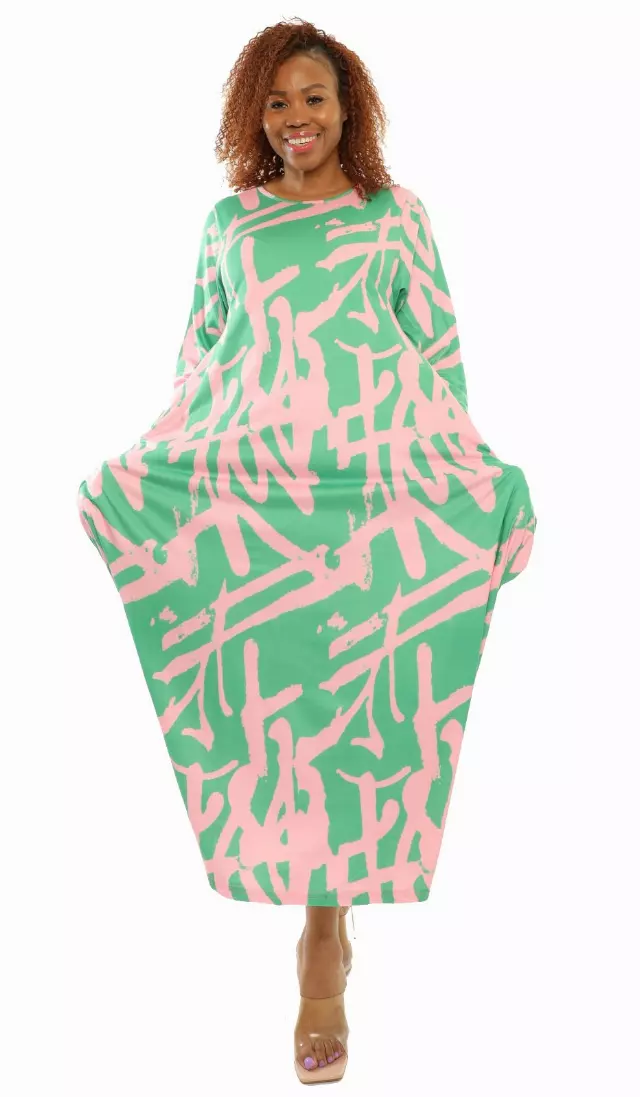 CHH21040LS ON SALE!! Print Knit Maxi Dress- One Size (3-PCS PRE-PACK- 5 Colors) ($15.00 Each) — 3-Pcs PRE-PACK / GREEN/PINK