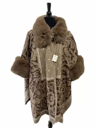TX516 Faux Fur Pattern Cape — Khaki