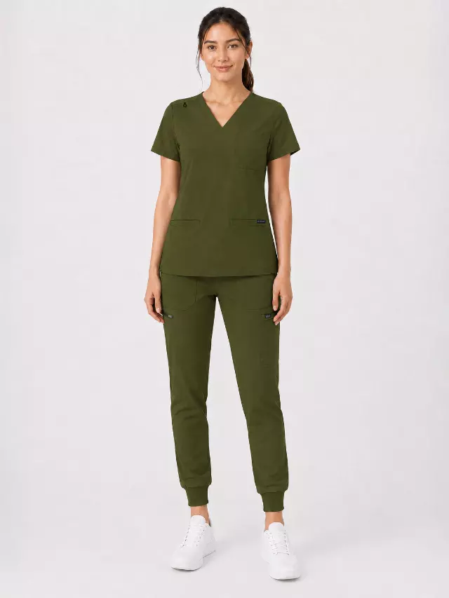 Kayla | V-neck Top and Multi-Pocket Jogger Set — Seaweed / L