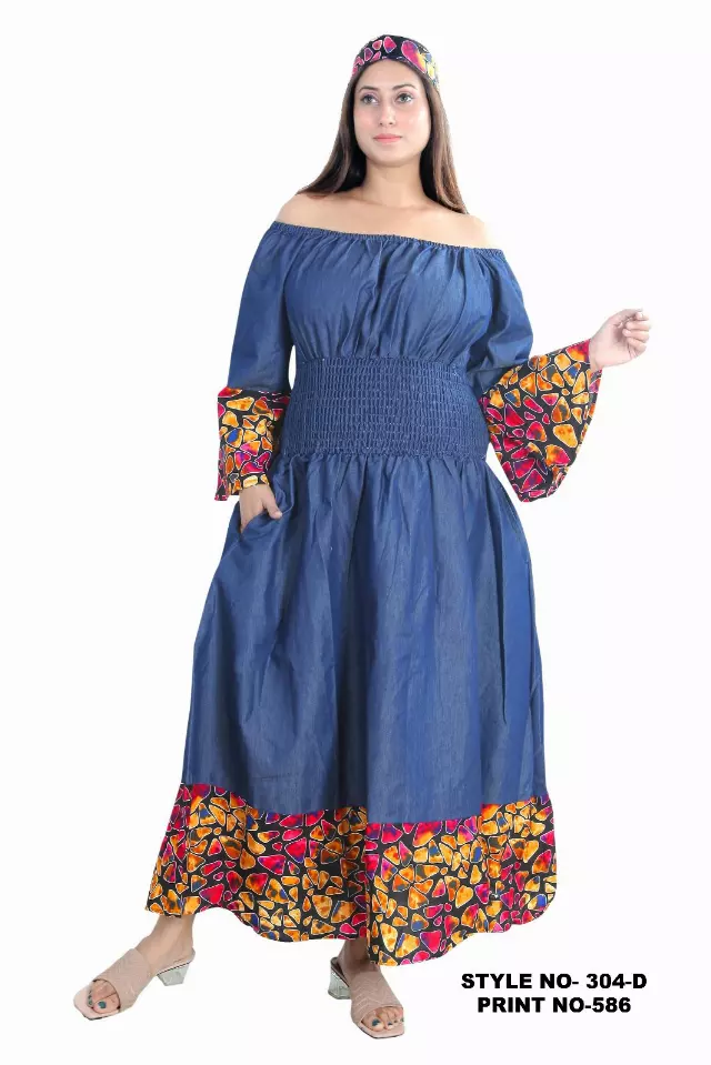 304AD - ON SALE!! Off-shoulder Denim Print Smocked Waist Dress - $15.00 Each — Free Size / Print-586