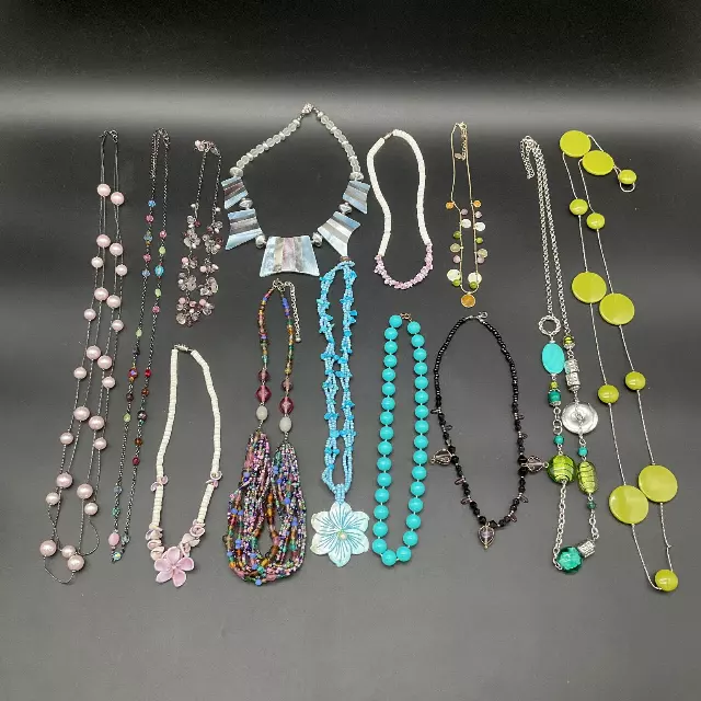 Vintage to Modern Costume Jewelry Lot 1 lb Beaded Shell Statement Necklaces 12pc
