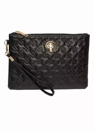Rebecca & Rifka Smooth Houndstooth Quilt Medallion Zip Wristlet — BK/GD