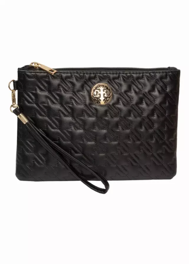 Rebecca & Rifka Smooth Houndstooth Quilt Medallion Zip Wristlet — BK/GD