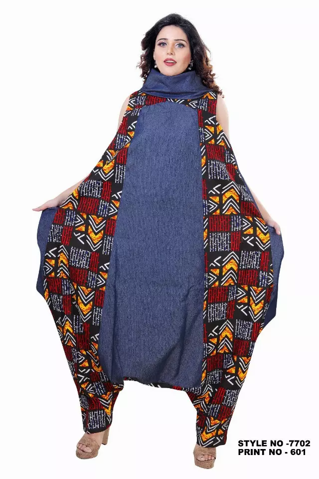 7702 - Mixed Denim and Print Cow Neck Jumpsuit/Dress (3 PCS PRE-PACK) - $35 Each — One Size (4 - 26) / Print-601