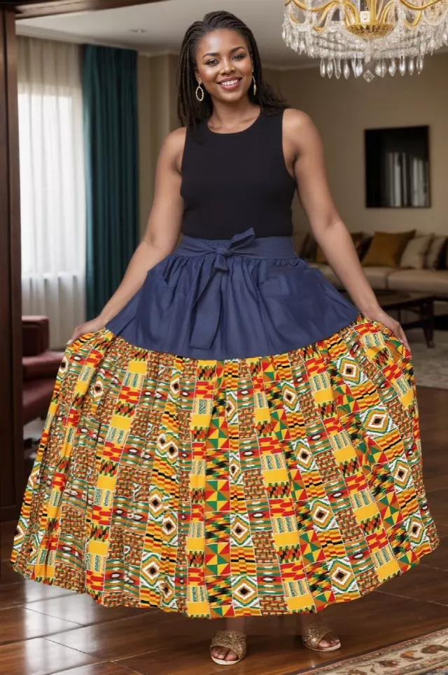 7837 - ON SALE!! DENIM/PRINTED SKIRT - Authentic African Wax (3-PCS PRE-PACK) - $12 Each — One Size / Print-642 / 3-Pcs Per Pack