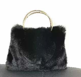 HX502 Faux Fur Bag with Metal Handle — Black