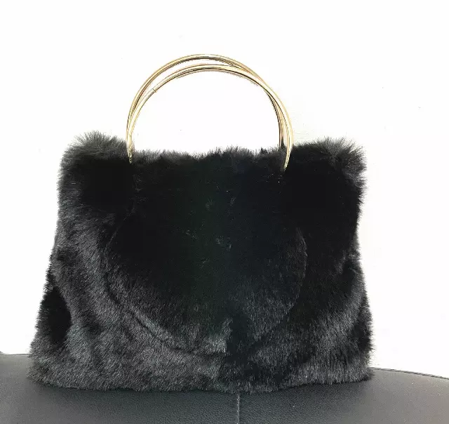 HX502 Faux Fur Bag with Metal Handle — Black