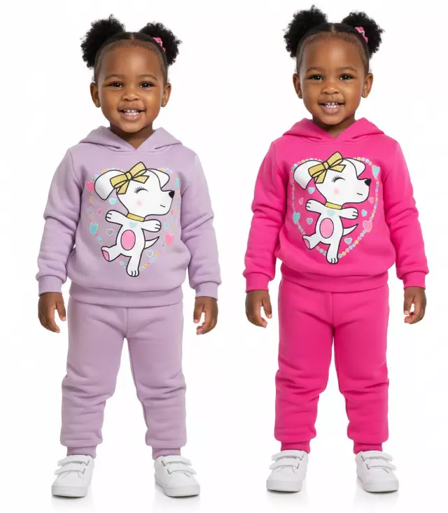 GIRLS PINK Dog W Heart Screen Hooded Pull Over Jogset - 8643901