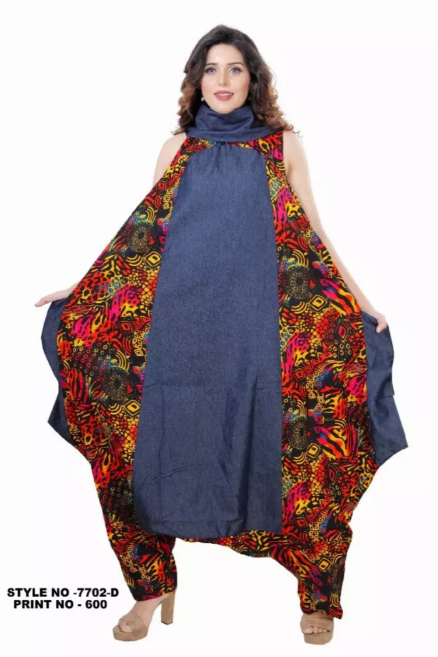 7702 - Mixed Denim and Print Cow Neck Jumpsuit/Dress (3 PCS PRE-PACK) - $35 Each — One Size (4 - 26) / Print-600