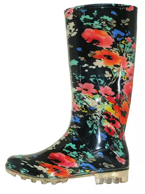 RB-42 - Wholesale Women's "Easy USA" Super Soft Rubber Rain Boot — Black/Floral Print (RB-42) / 6-11 Assorted