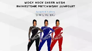 Chicaluv Wholesale - Mock Neck Sheer Mesh Rhinestone Patchwork Jumpsuit – Women's Sexy Club Party Wear