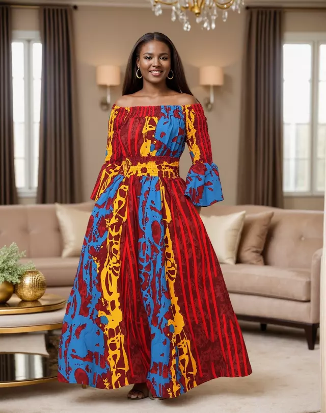 7556 -NEW PRINTS ALERT!!!! Off Shoulder Maxi Dress in Ankara Prints - $25.00 Each (3 pcs per pack) — Free Size / Print-667