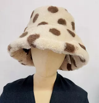 HX612 Polka Dots Faux Fur Bucket Hat — Brown