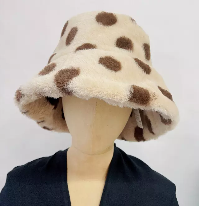 HX612 Polka Dots Faux Fur Bucket Hat — Brown