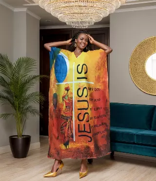PNA-1527 - Women's Colorful Lady Face Print With Verbiage JESUS Kaftan Dress - One Size (6-PCS PRE-PACK-$7 Each) — One Size (4-24) / Print-1527C