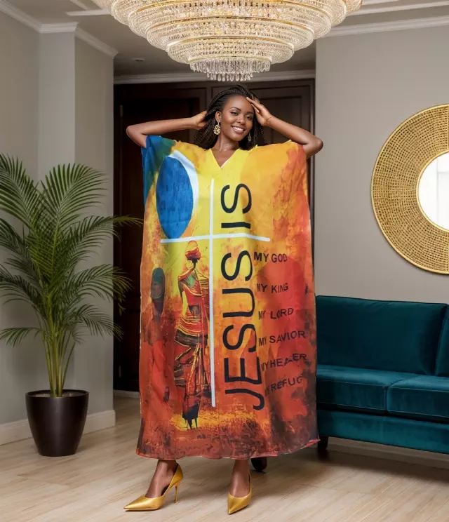 PNA-1527 - Women's Colorful Lady Face Print With Verbiage JESUS Kaftan Dress - One Size (6-PCS PRE-PACK-$7 Each) — One Size (4-24) / Print-1527C