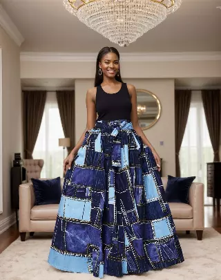 7001SK - 8 Panel African Print Skirt - Authentic African Wax (3-PCS PRE-PACK) - $25 Each — One Size / Print-Denim / 3-Pcs Per Pack