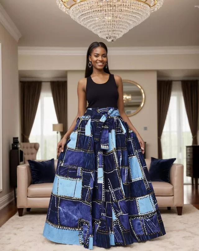 7001SK - 8 Panel African Print Skirt - Authentic African Wax (3-PCS PRE-PACK) - $25 Each — One Size / Print-Denim / 3-Pcs Per Pack