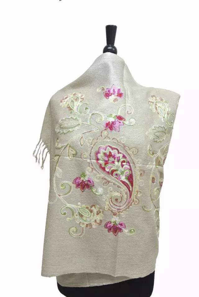G105 Embroidered Floral Sequin Pashmina — Khaki