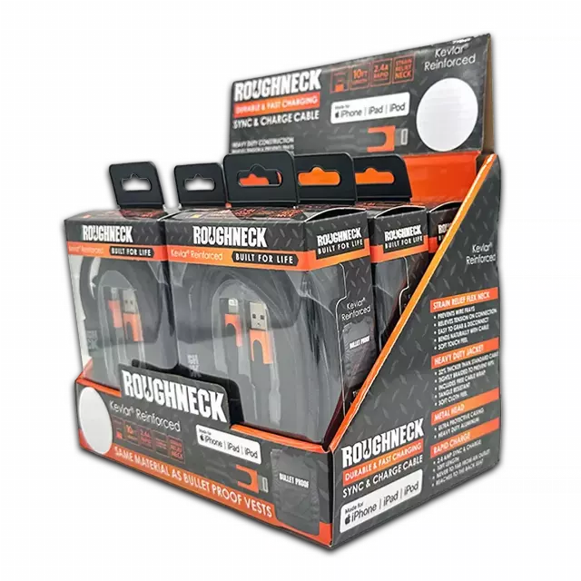Charging Cable Roughneck Soft Cloth USB to Lightning 10FT 2.4 Amp - 6 Pieces Per Retail Ready Display 41594D