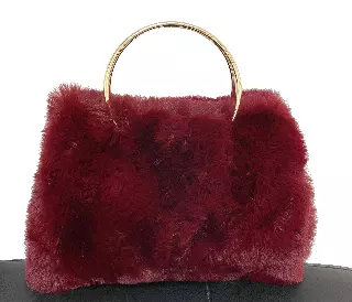 HX502 Faux Fur Bag with Metal Handle — Burgundy