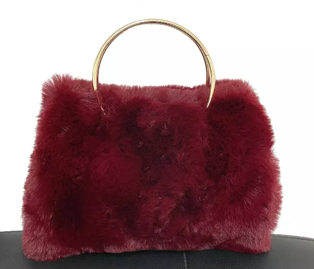 HX502 Faux Fur Bag with Metal Handle — Burgundy
