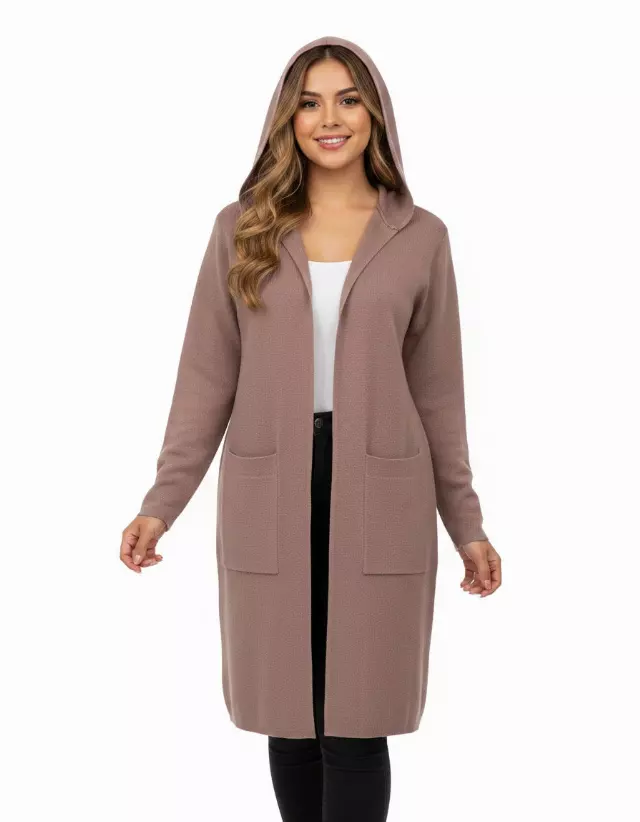 Hooded Cardigan with Front Pockets — Taupe / S-M-L-XL-2XL