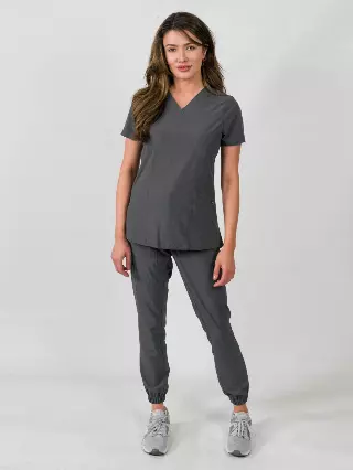 Olivia | 4 Pocket Top & Jogger Pant Scrubs Set — Gunmetal / 2XL
