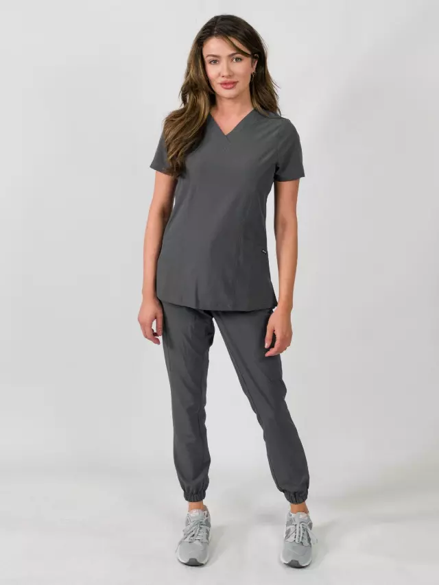 Olivia | 4 Pocket Top & Jogger Pant Scrubs Set — Gunmetal / S