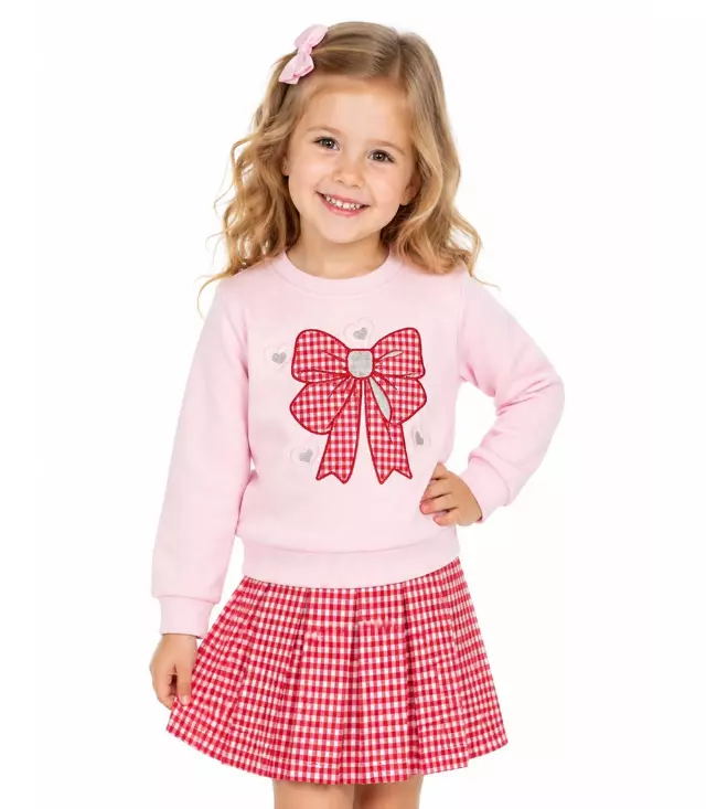 GIRLS PINK Bow w Hearts Applique Fleece Top and Double Knit Skirt - 2416402