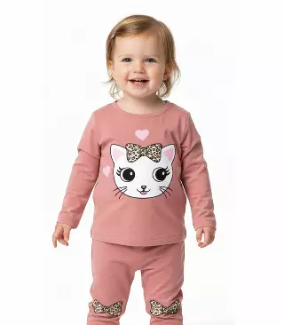 Girls “Kitty Cat” Applique Crew Neck & Jogger Set with Knee Hits – 8753301