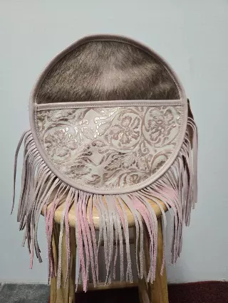 Ref 7777 M F — Round blush fringed bag with embossed floral panel