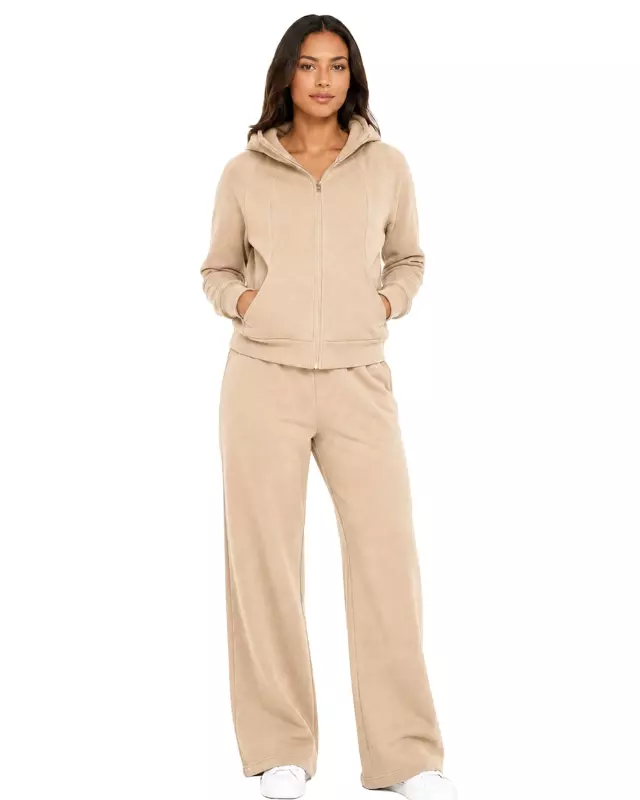 Women’s Zip-Up Jacket & Wide-Leg Pants Set #13 — Beige / S-M-L-XL