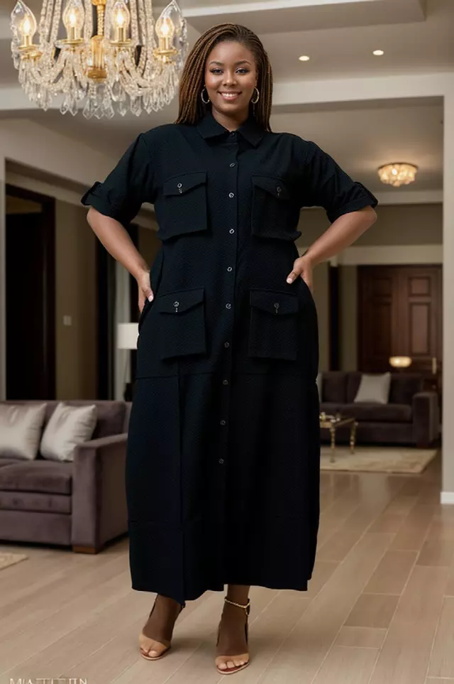 7897 - Ankle Length Button Down 4-Pockets Maxi Dress - $25.00 Each (3 pcs per pack) — Free Size / Black