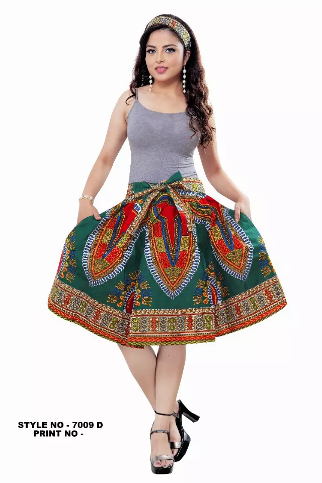 7009 - Ankara Skirt Dashiki Print African Wax Skirt (3-PCS PRE-PACK) - $15.00 Each — One Size (4-18) / Green / 3-Pcs Per Pack