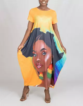 23018- Women's Plus Size Maxi Dress Digital Face-Print Knit Maxi Dress - One Size (3-PCS PRE-PACK) ($20.00 Each)