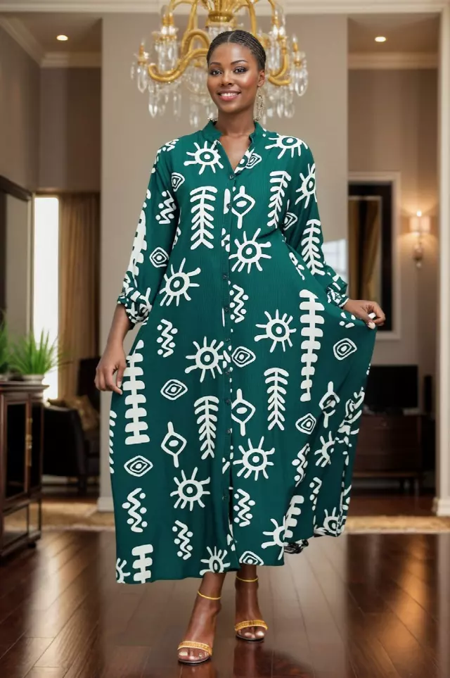 25049- Women's Ankle Length Button Down Dress - $25.00 Each — Free Size / Green