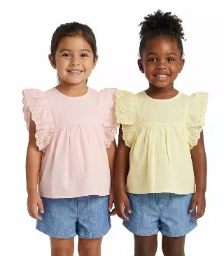 GIRLS PINK Woven Top with Big Ruffle Sleeve and Denim Short Set - 2130602