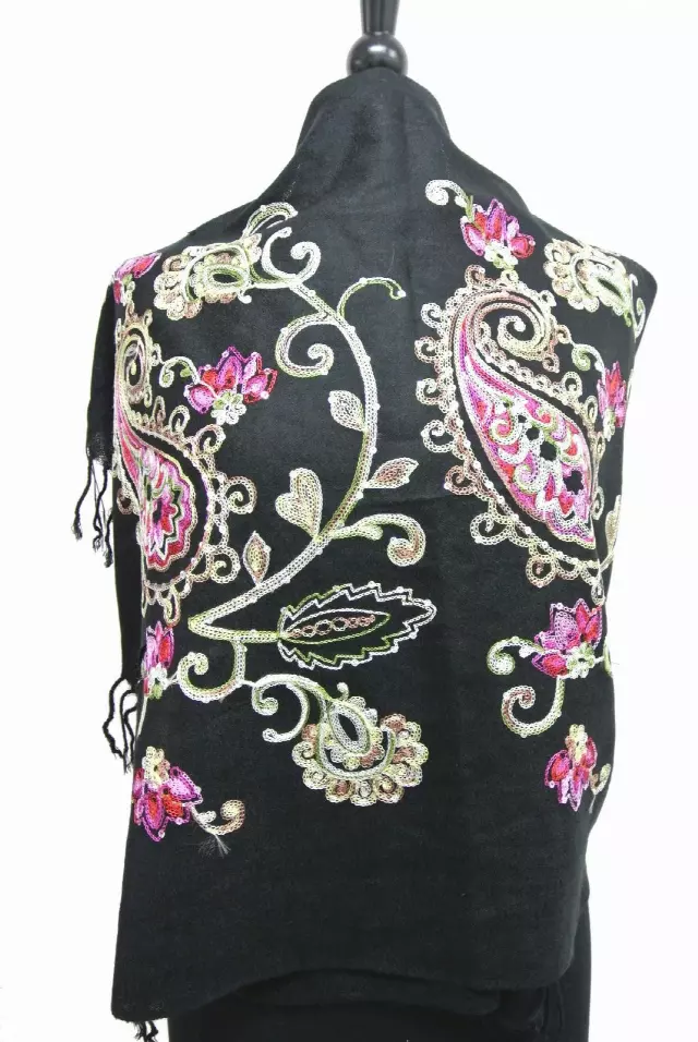 G105 Embroidered Floral Sequin Pashmina — Black