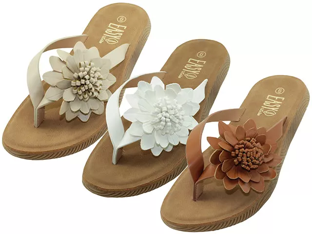 W5223L - Women's "Easy USA" Flower Upper Soft Sandals — Brown, White & Beige (W5223L-A) / 6-11 Assorted