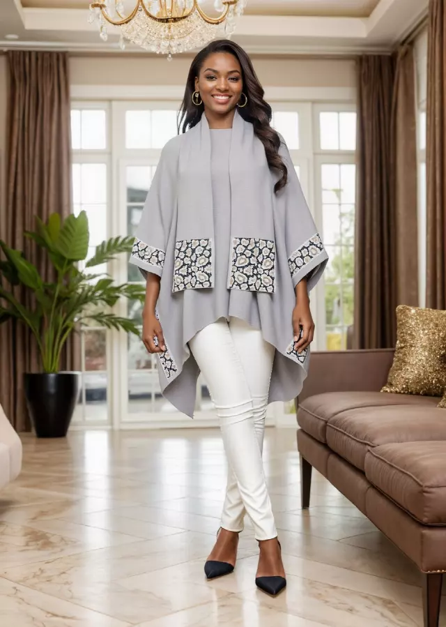 25019 - Women's Embellished Open-Front Soft-Feel Poncho - $49.00 Each — Free Size / Grey