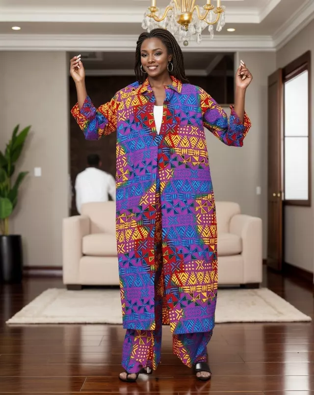 7901 - Authentic African Print 2pc Duster + Pant Set - $25.00 Each (3 pcs per pack) — Free Size / Print-646